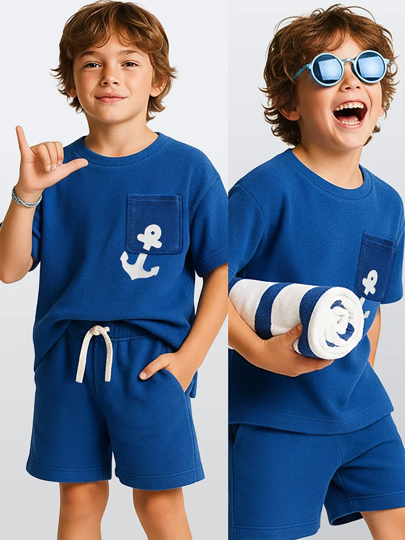 دينوكيدس طقم ولادي قطعتين من قماش تيري أزرق داكن